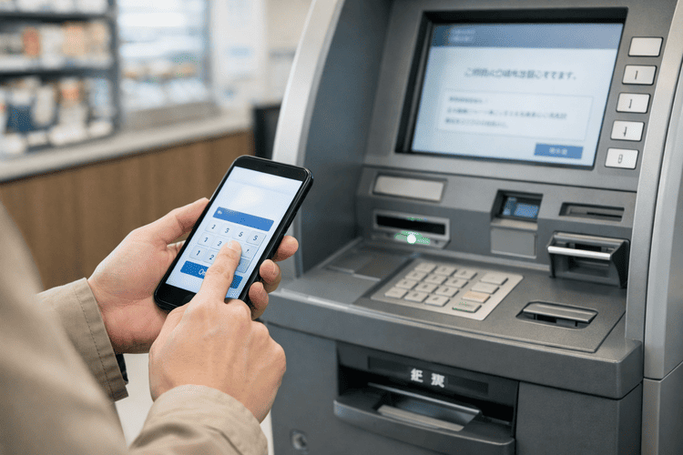 スマホを使ってATMで出金するイメージ画像